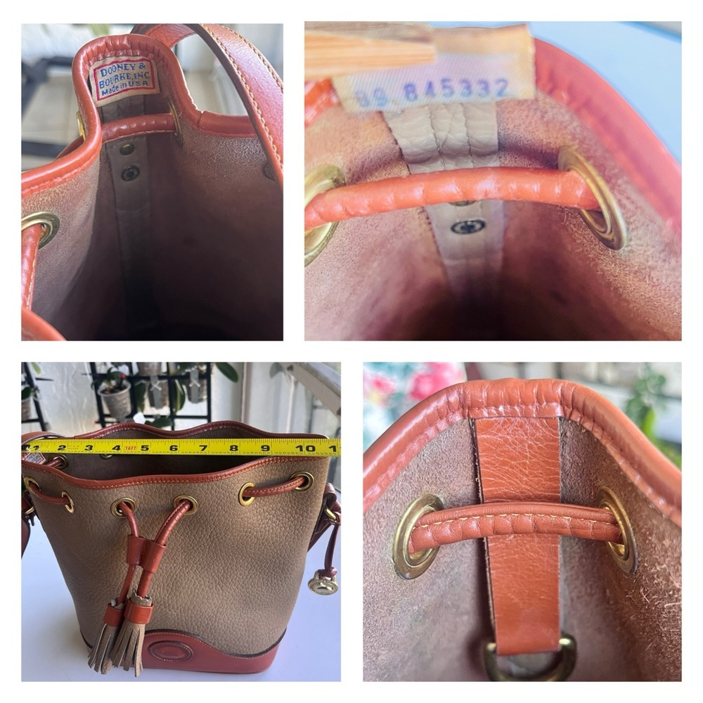 VINTAGE DOONEY AND BOURKE CROSSBODY BUCKET SAND AND TAN TRIM DRAWSTRING - Picture 13 of 15